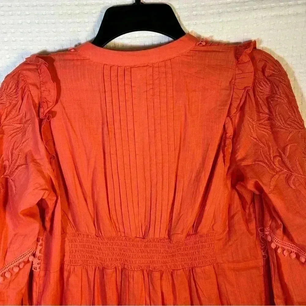 Anthro Akemi + Kin Josephine Small Embroidered Dress Coral 3/4 Sleeve NO SLIP - Picture 11 of 14